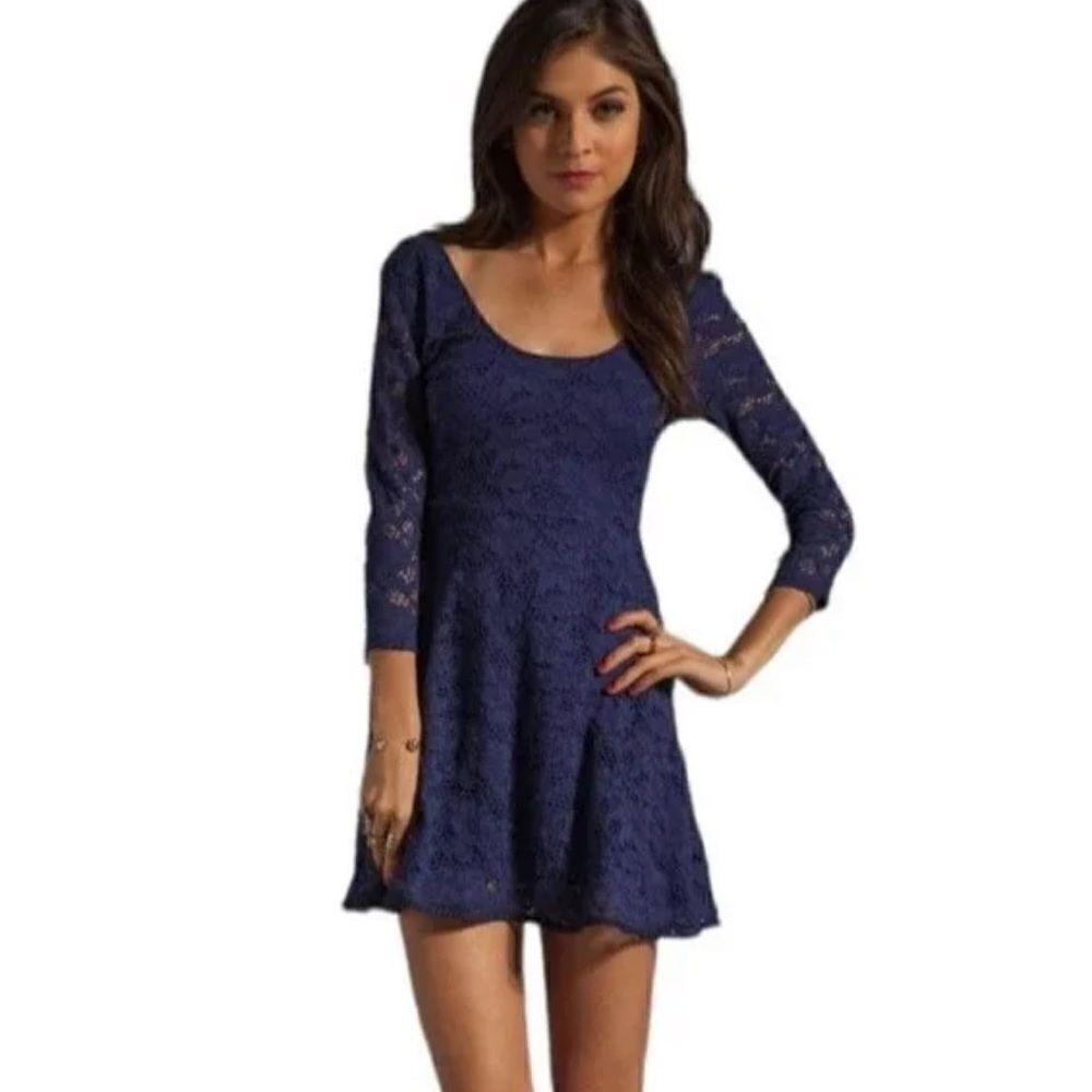 Free People Navy 3/4 Sleeve Lace Overlay Minidress Women's